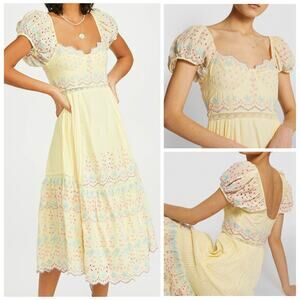 LoveShackFancy NWT Yellow Pink Floral Cotton Magena Midi Dress Eyelet Dress 4